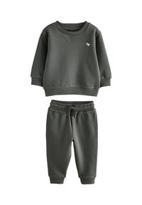 Dunkelgraues Sweatshirt- und Jogginghose-Set aus weichem Material. Das Sweatshirt hat einen gerippten Ausschnitt; die Jogginghosen besitzen einen elastischen Bund und Bündchen.