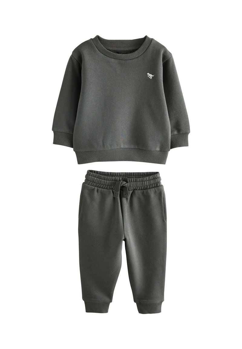Dunkelgraues Sweatshirt- und Jogginghose-Set aus weichem Material. Das Sweatshirt hat einen gerippten Ausschnitt; die Jogginghosen besitzen einen elastischen Bund und Bündchen.
