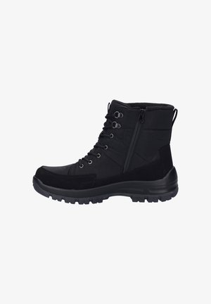 Black ankle boots with a textured upper, lace-up design, side zipper, reinforced toe, and a rugged rubber sole for traction.