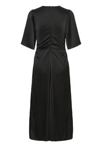 Musta mekko, jossa on lyhyet hihat, tekstuuri kangas, istuva vyötärö ja hienovaraiset poimukkeet. Mekossa on selässä vetoketju ja pituus polven alapuolelle.