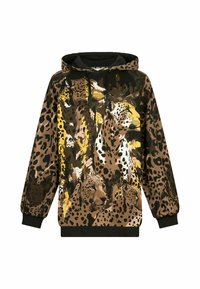 Sweat à capuche avec un imprimé animal multicolore de léopards dans des teintes de brun, or et noir, avec des poignets et un ourlet côtelés.