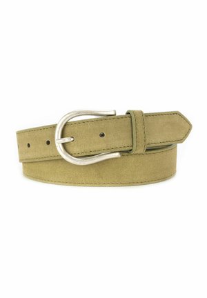 Light brown suede belt with silver rounded buckle, stitched edges, and multiple adjustment holes, coiled on white background.