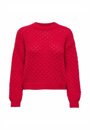 Maglione rosso a maglia con un motivo a diamante testurizzato, maniche lunghe, polsini e orlo a costine, e colletto a girocollo.