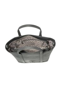 Szara skórzana torebka z dwoma krótkimi uchwytami, zewnętrzną kieszenią oraz jasnoszarą, wzorzystą podszewką z logo marki.