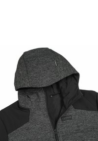 Giacca zip-up grigia e nera con cappuccio testurizzato, spalle nere lisce e patch con logo sul davanti. Tessuto morbido con un design moderno.