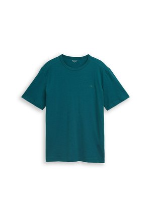 Tweekleurig groen T-shirt met korte mouwen, ronde hals, klein logo op de borst en een regular fit, weergegeven op een witte achtergrond.