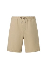 Pantaloni shorts beige con vita elastica e cordino, caratterizzati da una texture semplice e liscia e un taglio dritto. Nessun motivo o accento visibile.