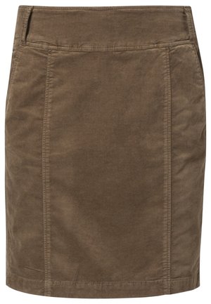 Brun kordfløjls blyantskjørt med lodrette panel syninger og en glat talje, vist fladt uden synlige lukninger eller pynt.