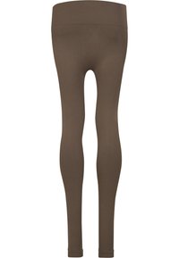 Leggings marron au design ajusté, fabriqués à partir d'un tissu extensible. Dotés d'une large taille côtelée et d'une texture lisse sur l'ensemble.