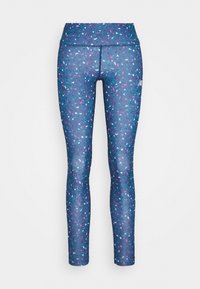 Leggings atletici blu con un motivo a coriandoli in rosa e azzurro chiaro, realizzati in materiale elasticizzato e con una vita alta.