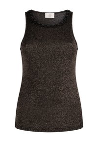 Mouwloos topje van metallic breiwerk in donkerbruin met een gestructureerde afwerking en een decoratieve zwarte ketting bij de halslijn.