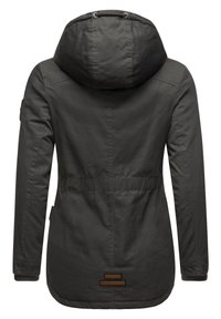 Dark gray hooded jacket with a cinched waist, elastic cuffs, and two side pockets. Features textured fabric and a logo patch at the back.