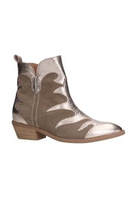 Stivale da donna alto fino alla caviglia con tacco in legno basso, parte superiore in tessuto metallico e pannelli in suede in stile western decorativo.
