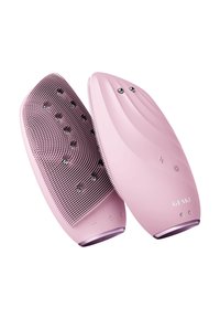 Brosse à cheveux électrique rose avec des poils en silicone, un corps lisse et arrondi, et des boutons de commande. Affiche des indicateurs de charge et de puissance.
