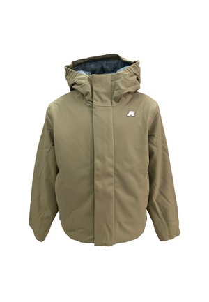 Giacca invernale beige con cappuccio, zip frontale coperta da una pattina e piccolo logo bianco sul petto sinistro.