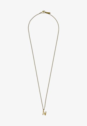 Złocona naszyjnik łańcuszkowy z prostym, blokowym zawieszką w kształcie litery 'N'. Posiada gładką teksturę i zapięcie umożliwiające regulację długości.