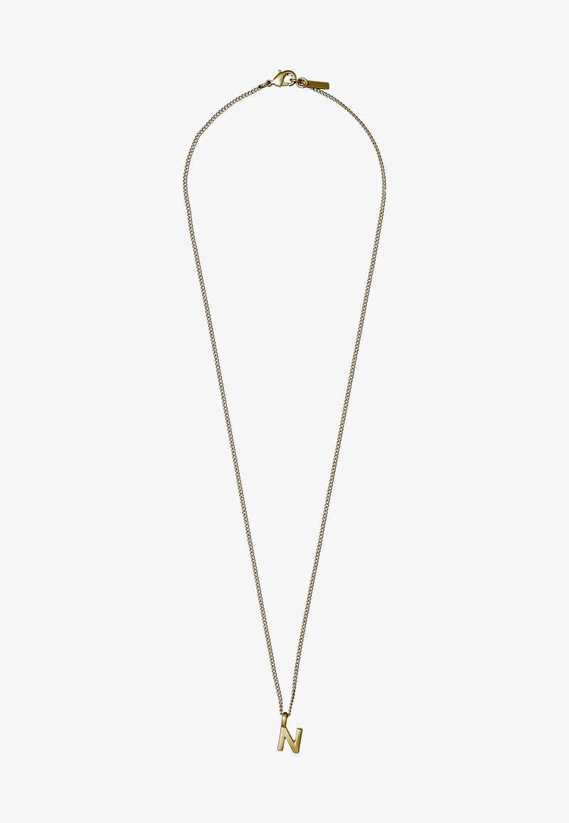Gold-toned chain necklace with a simple, block letter 'N' pendant. Features a smooth texture and a clasp closure for adjustable length.