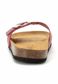 Sandale bordeaux avec un design à une seule sangle, semelle en liège et semelle en caoutchouc noir texturé. Détail en boucle en argent sur la sangle.