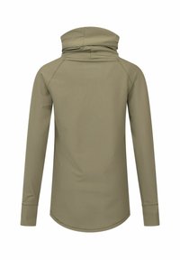Light olive green long-sleeve top with a high collar, featuring a ribbed texture and a curved hem. No visible embellishments or hardware.