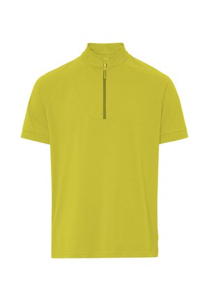 Kurzärmeliges Sportshirt in Limettengrün mit einem Viertel-Reißverschluss und Stehkragen, dargestellt auf weißem Hintergrund.