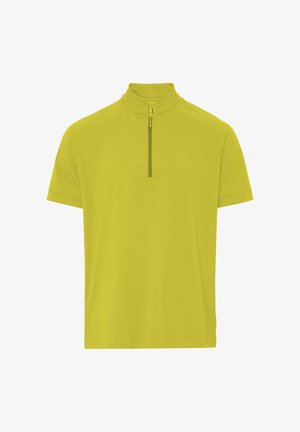 Kurzärmeliges Sportshirt in Limettengrün mit einem Viertel-Reißverschluss und Stehkragen, dargestellt auf weißem Hintergrund.