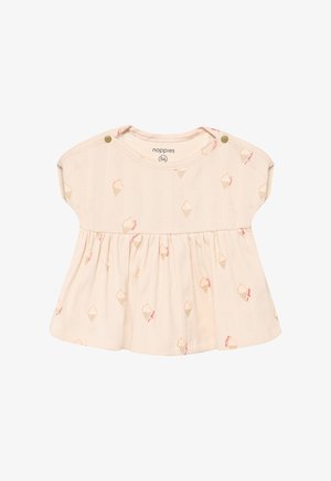 Crèmekleurige babyjurk met korte mouwen, ijsjesslingerprint en schouderknopen, maat 56 van Noppies.
