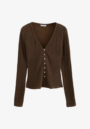 Brown knitted cardigan with a V-neck, long sleeves, and five-button closure. Textured fabric with a ribbed design. Lightweight and casual fit.