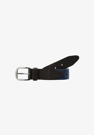 Brown leather belt with a silver metal buckle, featuring a textured blue woven fabric section with a subtle pattern.