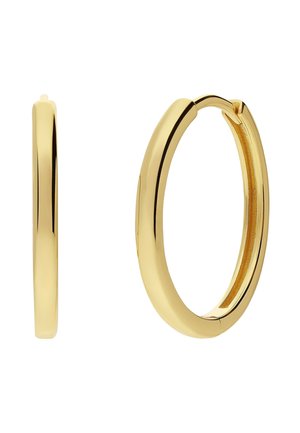 Gladde gepolijste gouden oorringen, één van opzij getoond en één gedeeltelijk geopend, op een witte achtergrond.