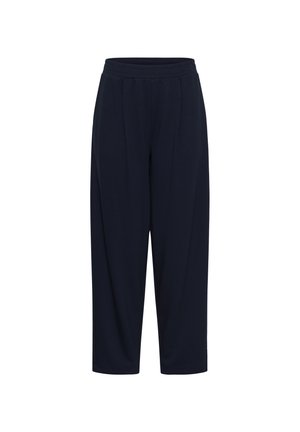 Pantalon ample bleu marine avec une taille élastique et des jambes larges et droites, présenté sur un fond blanc.