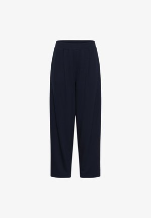 Tmavomodré voľné nohavice s elastickým pásom a rovnými širokými nohavicami, zobrazené na bielom pozadí.