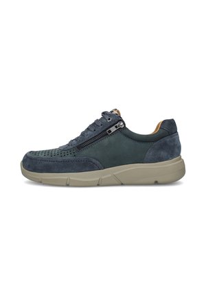 Sneaker in pelle scamosciata e pelle blu con cerniera laterale, allacciatura frontale, punta perforata e suola in gomma beige.