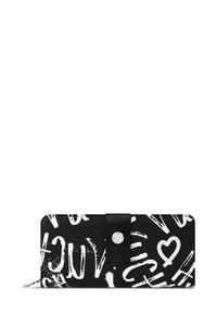 Black rectangular wallet with white graffiti-style text and heart, secured by a black strap with a silver round button.