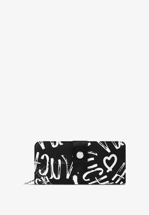 Black rectangular wallet with white graffiti-style text and heart, secured by a black strap with a silver round button.