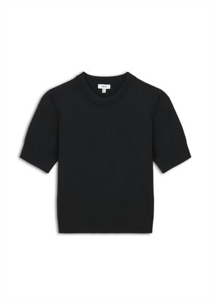 Jersey negro de manga corta con cuello redondo acanalado, que presenta un logotipo bordado en el frontal. Confeccionado en una tela suave con una textura lisa.