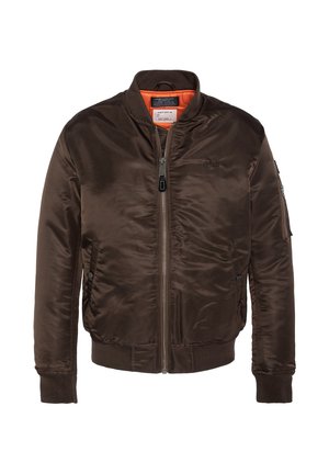 Blouson bomber marron foncé avec fermeture éclair frontale, poignets et ourlet côtelés, poches latérales et poche zippée sur la manche, doublure intérieure orange visible.
