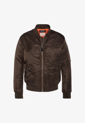 Blouson bomber marron foncé avec fermeture éclair frontale, poignets et ourlet côtelés, poches latérales et poche zippée sur la manche, doublure intérieure orange visible.