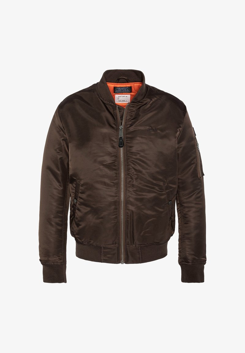 Blouson bomber marron foncé avec fermeture éclair frontale, poignets et ourlet côtelés, poches latérales et poche zippée sur la manche, doublure intérieure orange visible.