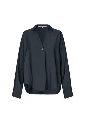 Donkerblauwe blouse van lichtgewicht stof. Heeft een kraag, knoopsluiting, een relaxte pasvorm met lange mouwen en een gebogen zoom.