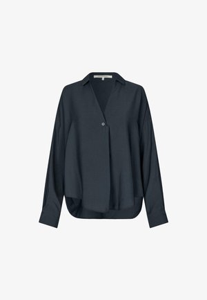 Donkerblauwe blouse van lichtgewicht stof. Heeft een kraag, knoopsluiting, een relaxte pasvorm met lange mouwen en een gebogen zoom.