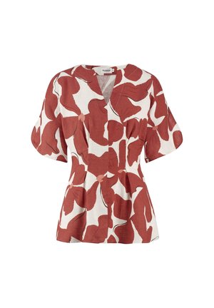 Kurzärmeliges Oberteil mit rotem, abstraktem Blumenmuster auf weißem Stoff, V-Ausschnitt und tailliertem Detail.