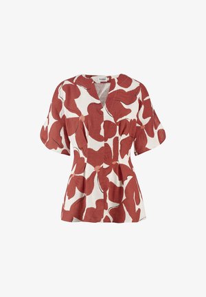 Kurzärmeliges Oberteil mit rotem, abstraktem Blumenmuster auf weißem Stoff, V-Ausschnitt und tailliertem Detail.