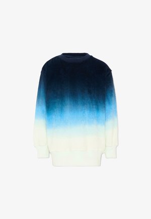 Sudadera de manga larga con cuello redondo y degradado de color desde azul marino oscuro en la parte superior hasta blanco en la inferior, puños y bajos acanalados.