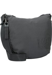 Borsa a tracolla nera in tessuto con superficie texture, chiusura con zipper, tracolla regolabile e dettagli con logo embossato sulla parte anteriore.
