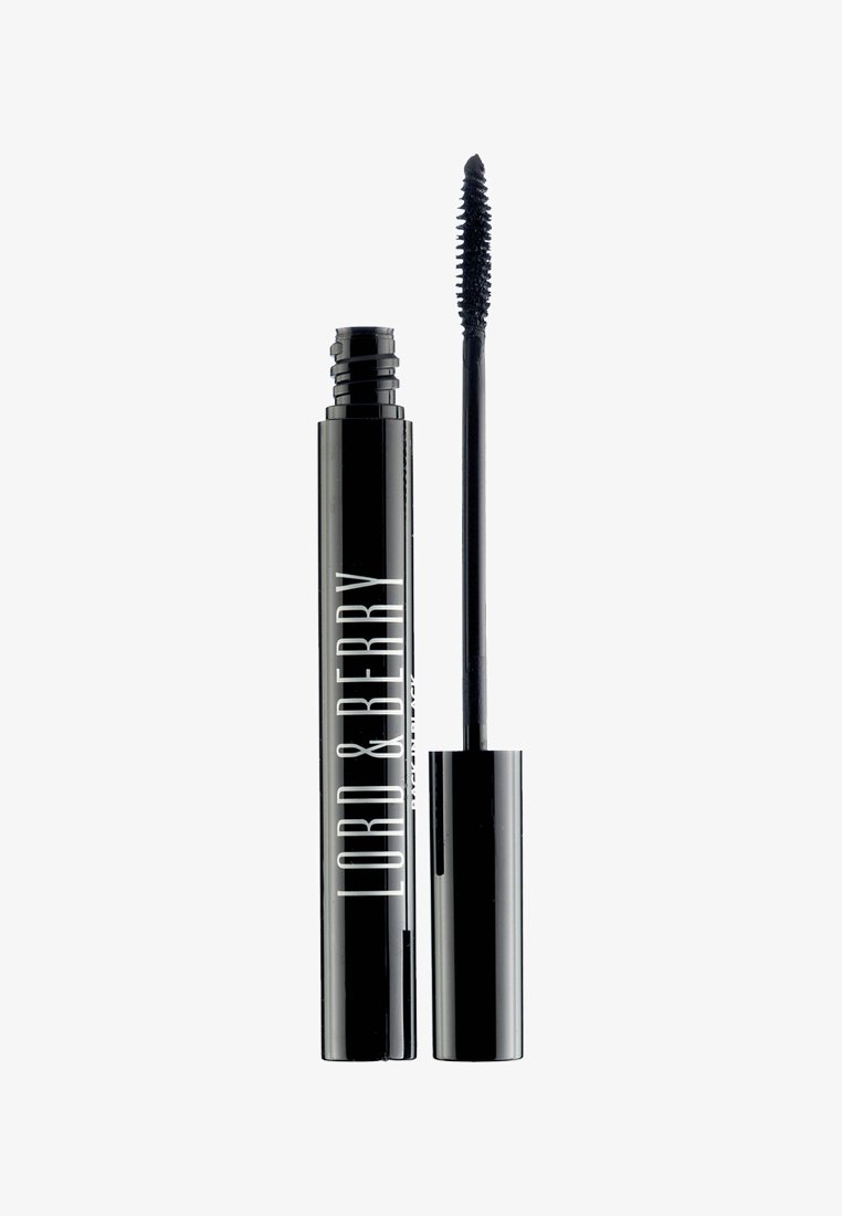 Tubetto di mascara nero con etichetta Lord & Berry e applicatore a bacchetta con setole ricoperte di mascara nero.