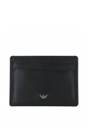 Porte-cartes en cuir noir avec deux emplacements pour cartes et un petit logo taureau argenté centré en bas.