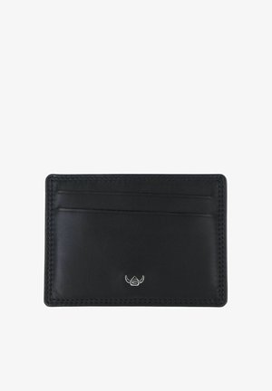 Porte-cartes en cuir noir avec deux emplacements pour cartes et un petit logo taureau argenté centré en bas.