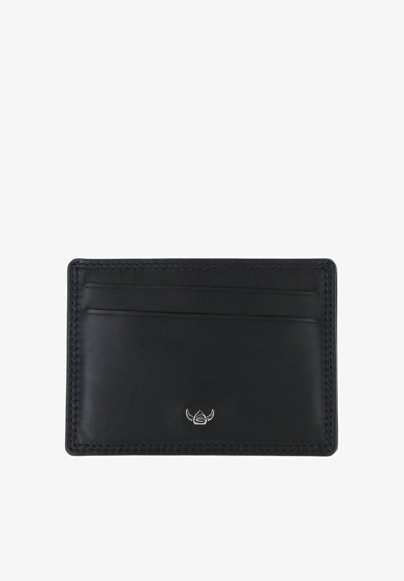 Porte-cartes en cuir noir avec deux emplacements pour cartes et un petit logo taureau argenté centré en bas.