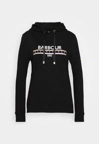 Černá mikina s kapucí vyrobená z bavlněné směsi, se stahovací šňůrkou, předním logem v bílé a růžové barvě a žebrovanými manžetami a spodním lemem.