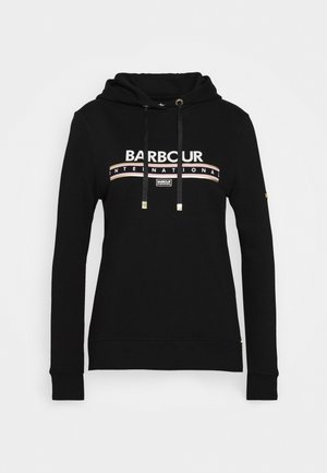 Černá mikina s kapucí vyrobená z bavlněné směsi, se stahovací šňůrkou, předním logem v bílé a růžové barvě a žebrovanými manžetami a spodním lemem.